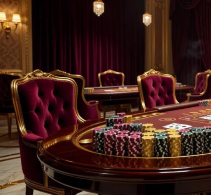 Aranżacja wizualna eventu casino z kasynowymi stołami i nastrojowym oświetleniem