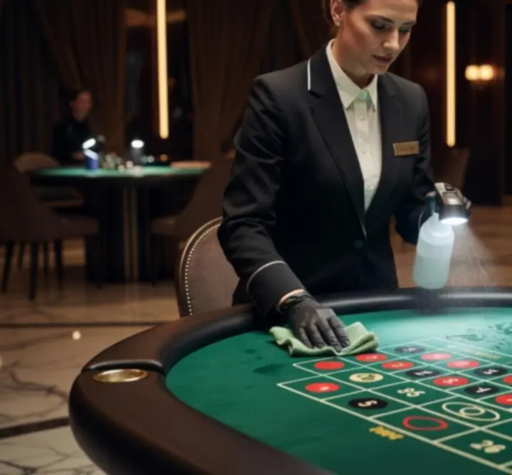 Bezpieczne stoliki casino z odpowiednimi odstępami i zadbanym wyposażeniem