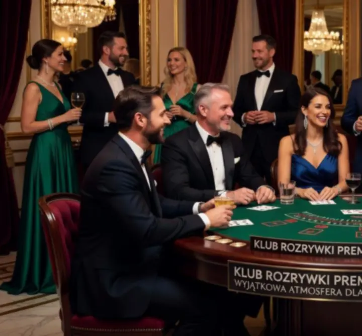 Goście bawiący się podczas luksusowej imprezy towarzyskiej w klimacie casino night.