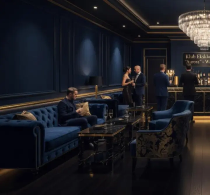 Luksusowe wnętrze nocnego eventu w stylu premium z elegancką aranżacją i oświetleniem.