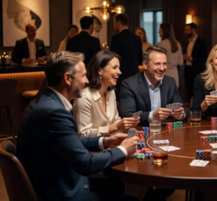 Grupa gości rezerwująca wieczór pokerowy na event