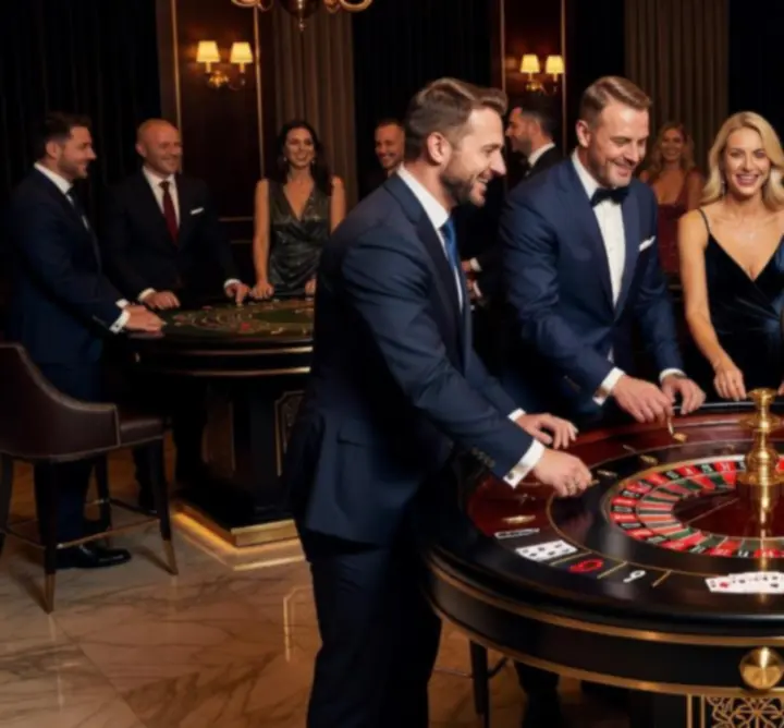 Goście bawiący się przy stołach ruletki i blackjacka w eleganckim wnętrzu eventowym