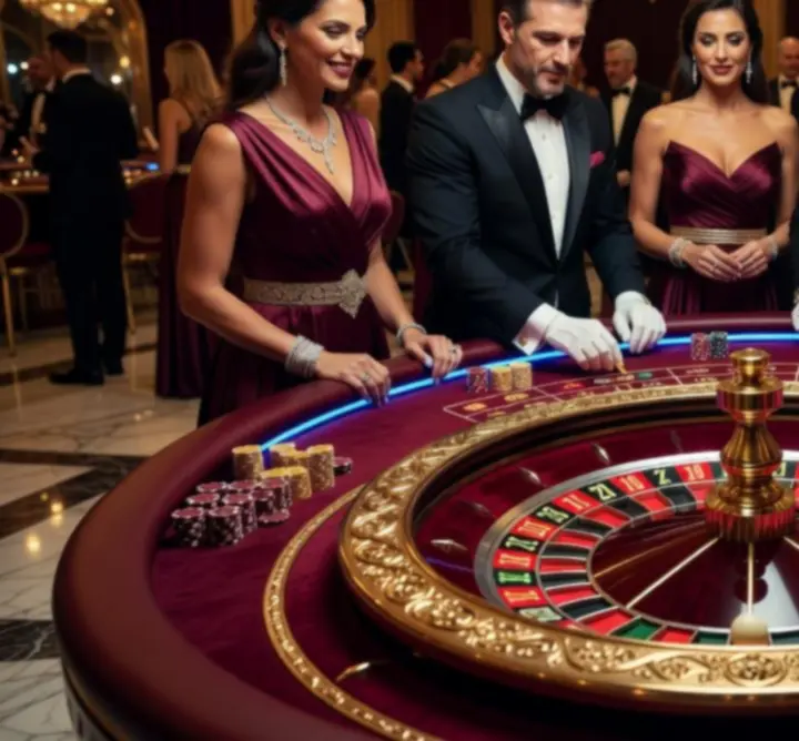 Ruletka eventowa i blackjack na eleganckim, luksusowym evencie rozrywkowym.